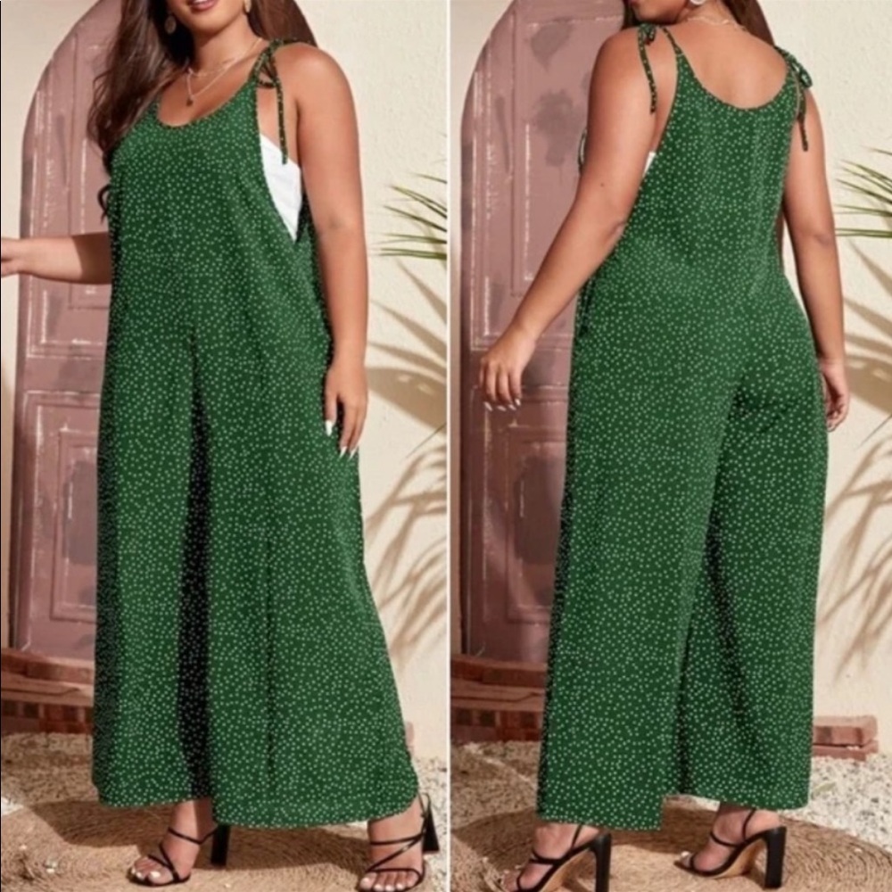 Plus Polka Dot Knot Shoulder Cami Pocket Wide Leg Jumpsuit Dress GREEN - Picture 3 of 6